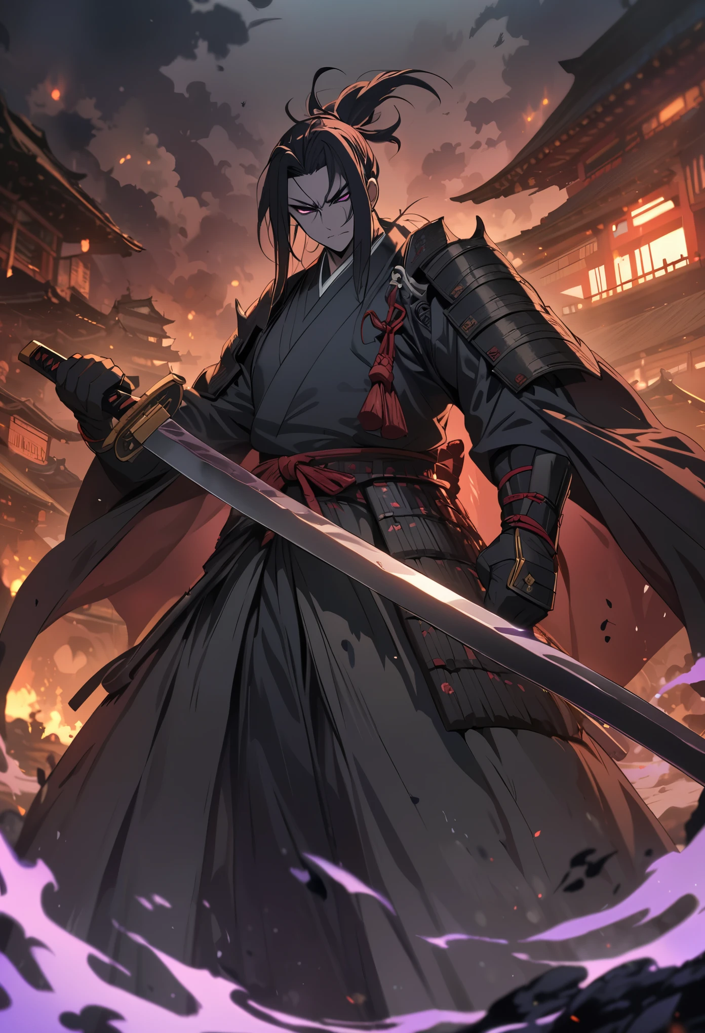 masterpiece, best quality, extremely detailed, anime,  A samurai, a sword, holding a sword, an evil aura surrounding the sword, a dark aura, a strong atmosphere,