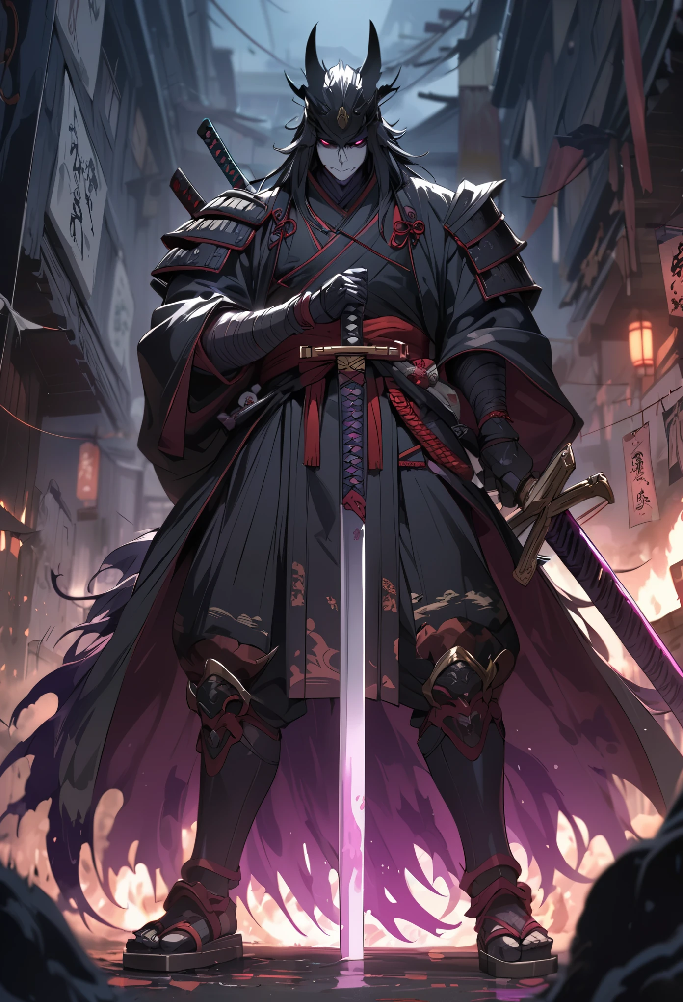 masterpiece, best quality, extremely detailed, anime,  A samurai, a sword, holding a sword, an evil aura surrounding the sword, a dark aura, a strong atmosphere,