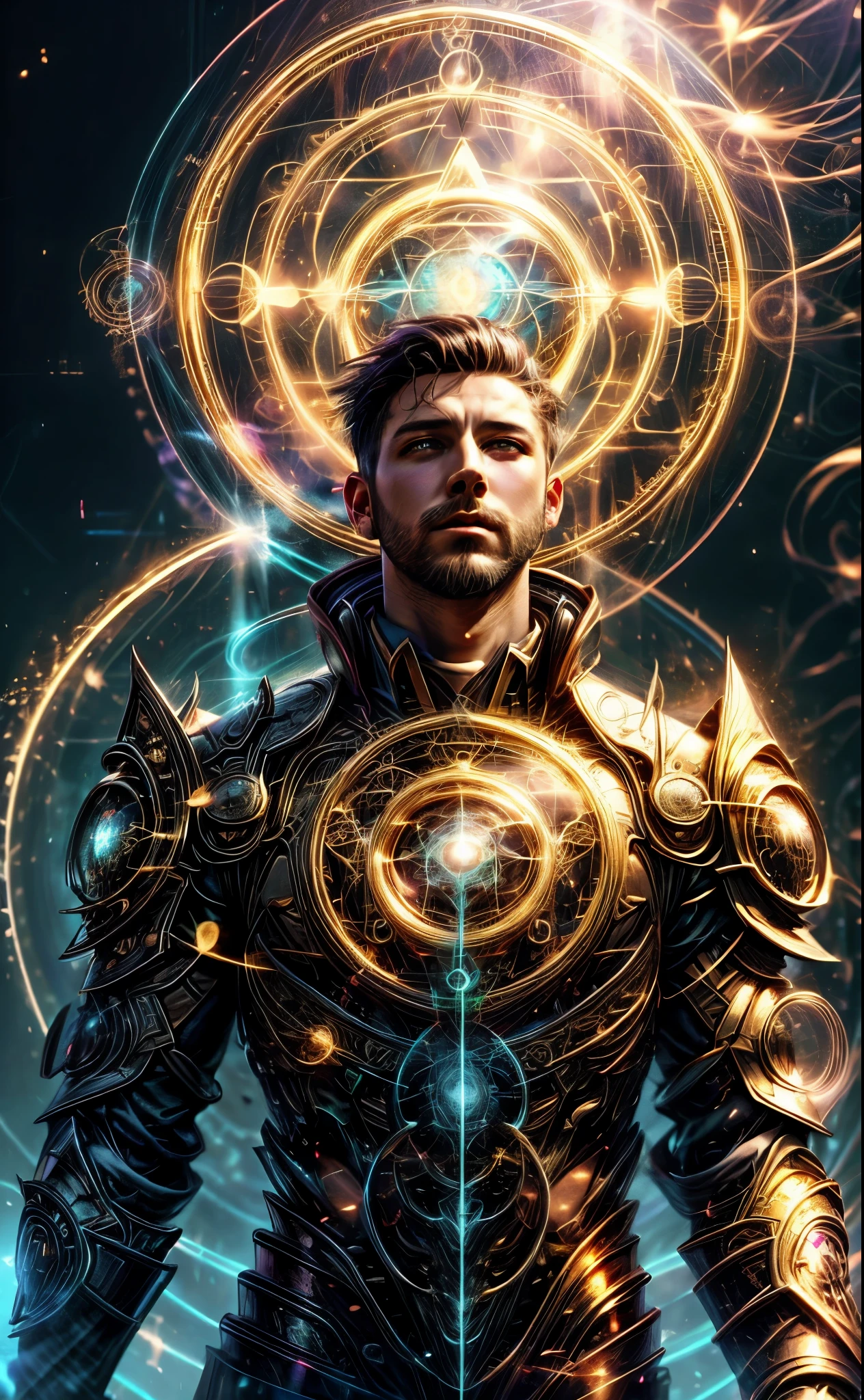 masterpiece, best quality,  1 boy, adult  man,  purple eyes, natural white messy hair,
Style-GravityMagic, portrait,  looking up, solo, upper body, detailed background, (scifi,  magic circle, glyphtech theme:1.1),  arcane sorcerer,  gold armor, ornate relic, determined expression, casting spell,  hair flowing in the wind, (yellow lightning ), magic hourglass,    exploding spell in background,