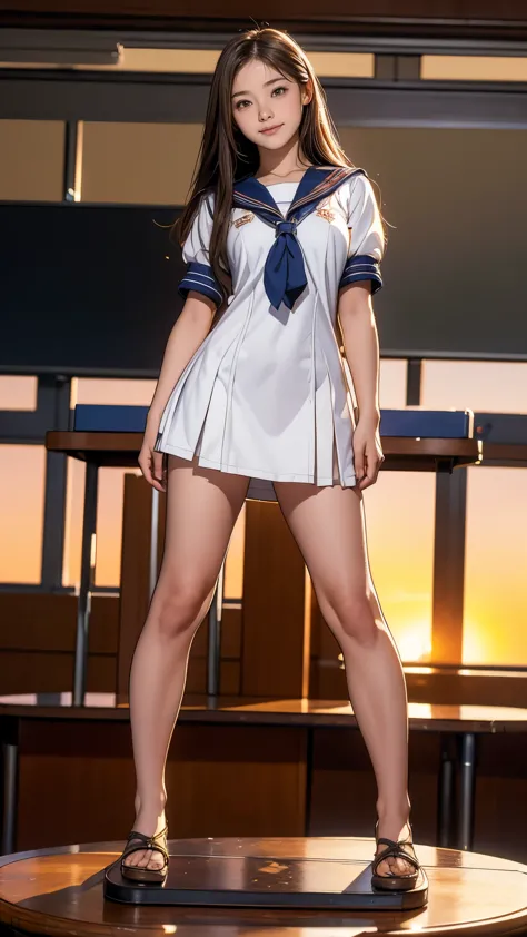 (realistic, table top, highest quality, Raw photo:1.3)、1 girl, 18-year-old,alone,, long hair, brown hair, detailed face, fascinating face, detailed beautiful eyes, medium breasts,(underboob:1.3),(covered nipples:1.1),(Loose Sailor Uniform :1.35), ( Lean be...