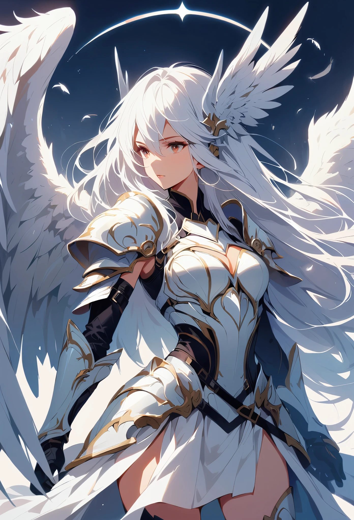 1girl angel angel_wings armor feathers_long wing feathers_hair shoulder armor shoulder_Armor single_wing solo upper part_The body is white_Theme white_wings wings