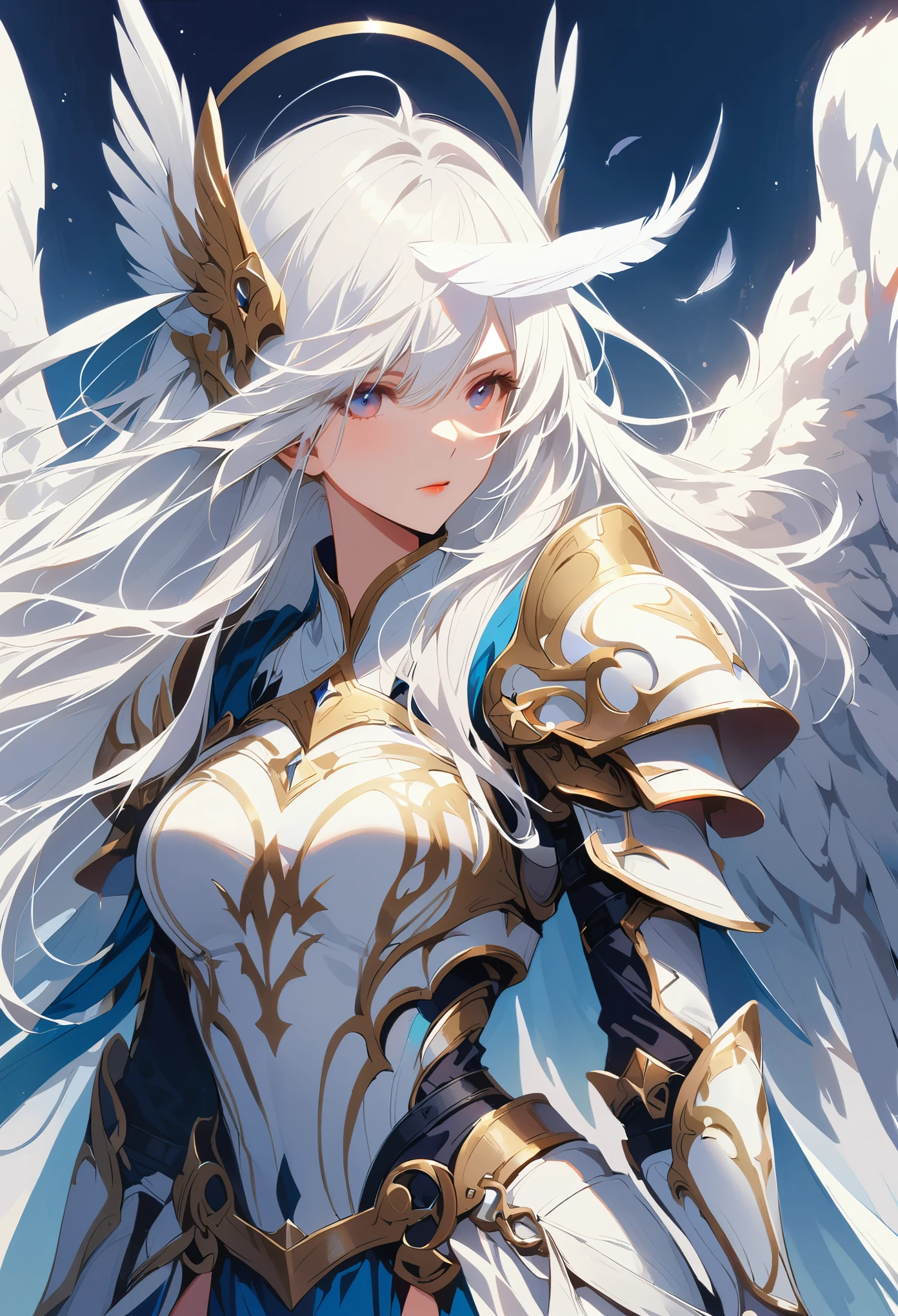 1girl angel angel_wings armor feathers_long wing feathers_hair shoulder armor shoulder_Armor single_wing solo upper part_The body is white_Theme white_wings wings