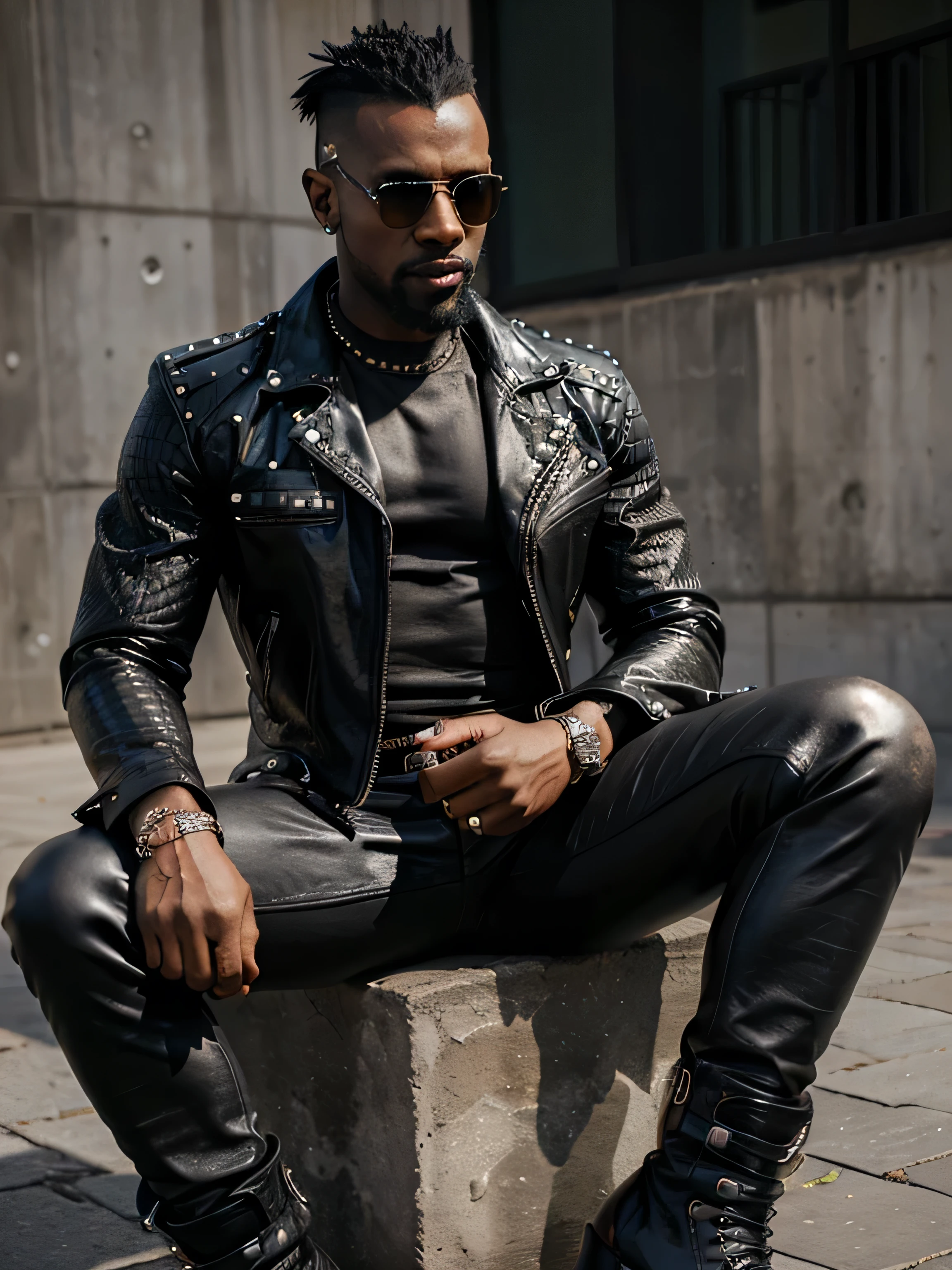 A close up of a man in a leather jacket and black pants - SeaArt AI