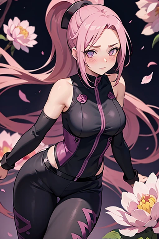 A pink haired woman with violet eyes and an hourglass figure in a conservative gothic Naruto style ninja outfit with black leggings is blushing in a flurry of peony petals