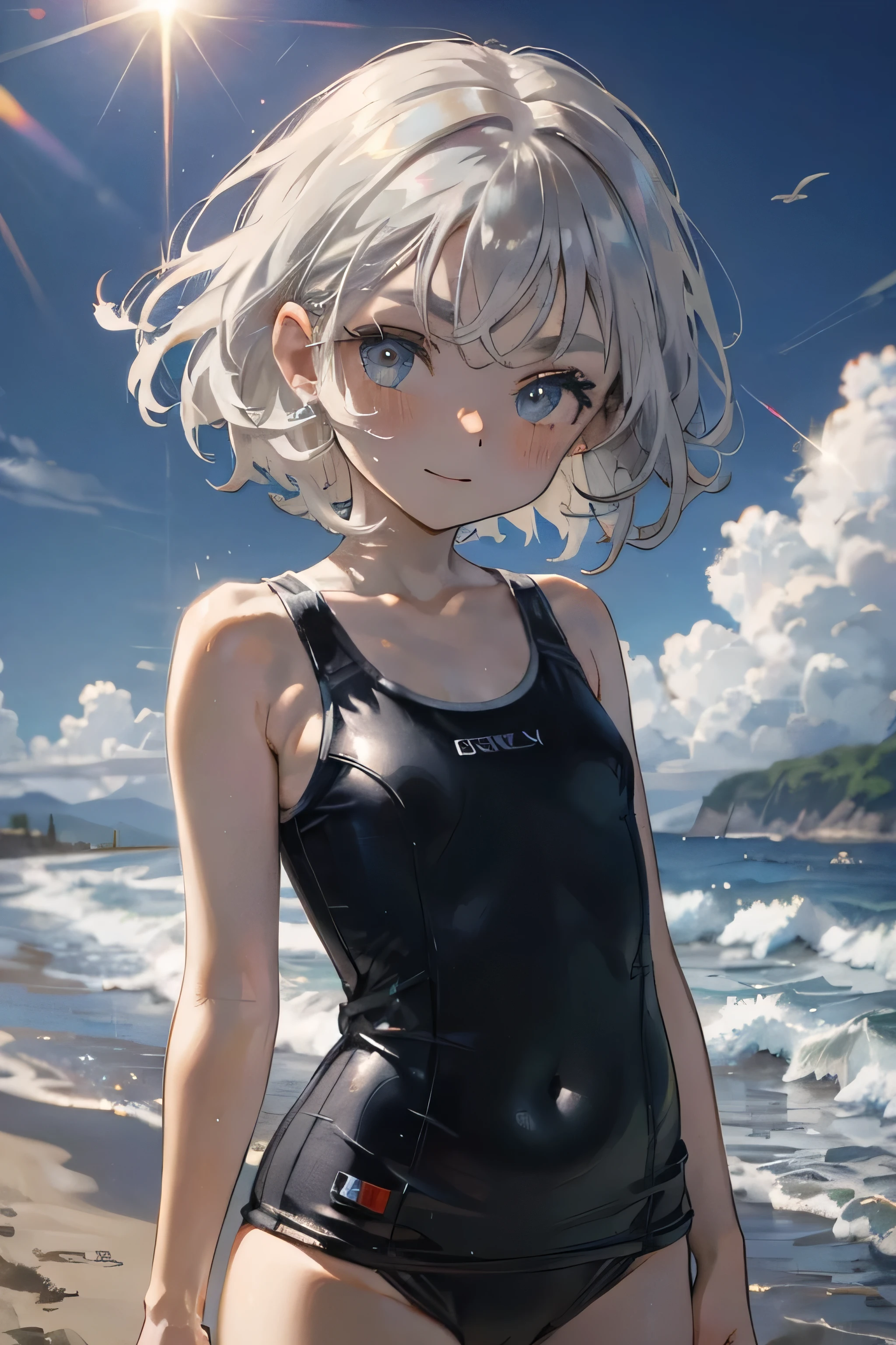 best quality, masterpiece,ultra high res,detailed, one girl,short body,school swimsuit,smiling,frizzy hair,short hair,silver hair,pale blue eyes,pale gray eyebrows,bery thin eyebrows,double eyelid,black pupil,round face,beach,magnificaiant view,lens flare,noon,kawaii