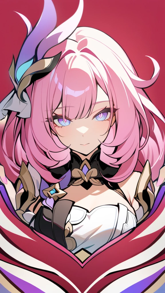 masterpiece, highest quality, 1 girl, alone, looking at the viewer, bangs, Elysia, Honkai Impact, pink hair, pink eyes, long hair, nail polish, hair ornaments, raise your hand, flower, blunt bangs, closed mouth, tassel, portrait, colorful, red background, frills, colorful hair, (full body)，