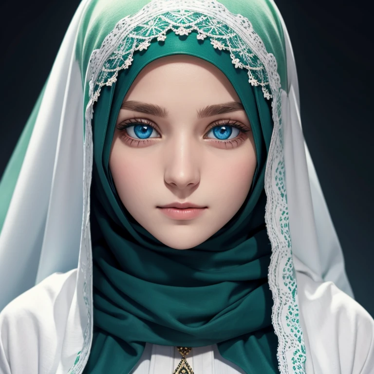 青い目と濃い緑のヒジャブを被った白人のドイツ人イスラム教徒の少女