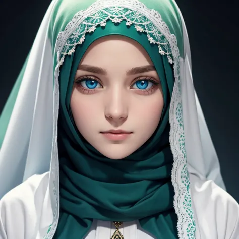A white German Muslim girl with blue eyes and a dark green hijab