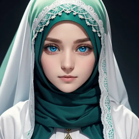 a white german muslim girl with blue eyes and a dark green hijab