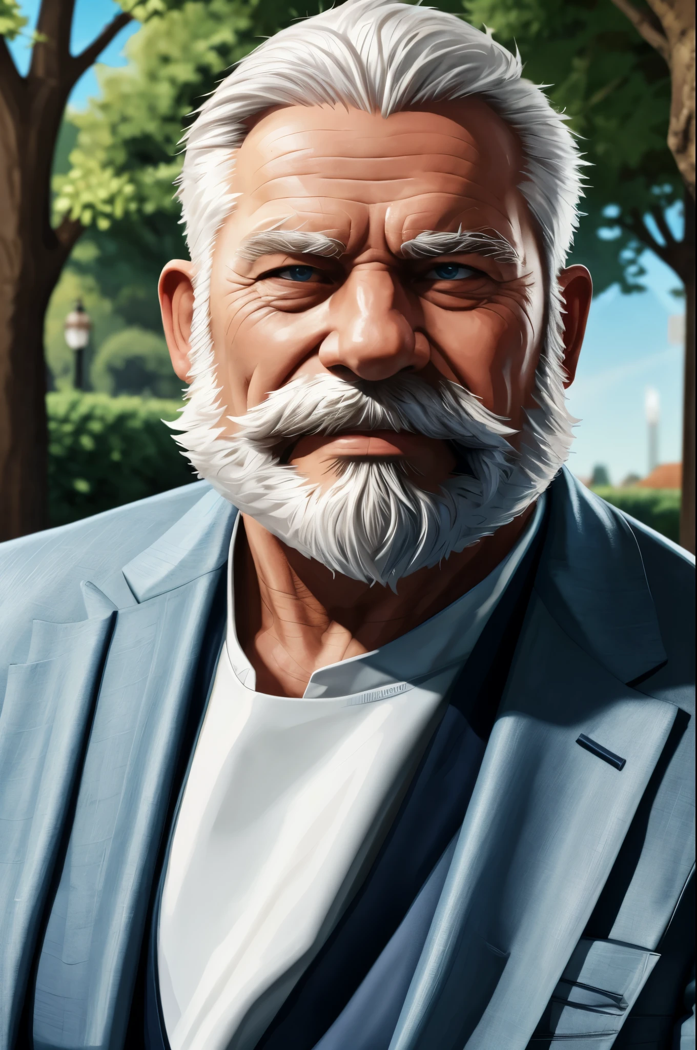 vector, mwvector, masterpiece, high quality, 8k, FHD, HDR, portrait, muscular old man in park, beard, happy, summer, suits, , detailed vector, high detail, half body, realistic, white hair
