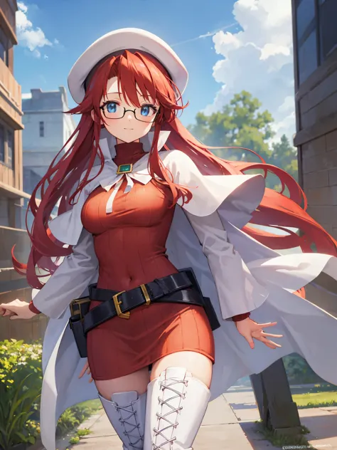 summonnightaty, aty, long hair, blue eyes, red hair, beret, hat, glasses,
BREAK long hair, thighhighs, hat, dress, boots, glasse...