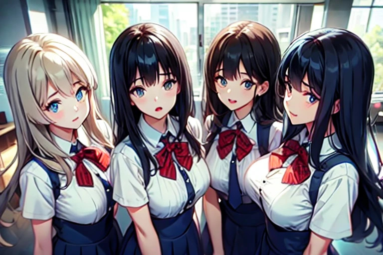 5+girls,cowboyshot,pov,beautiful detailed eyes, detailed lips, long eyelashes, bright and vibrant colors, natural lighting,(best quality, 4k, highres), ultra-detailed, soft and smooth texture, no distractions, dreamlike sensation, slight bokeh effect,highlighting her figure,deformed and independented breasts,schooluniform,side by side,Different posing,surrounded by girls,(small breasts:1.3)
