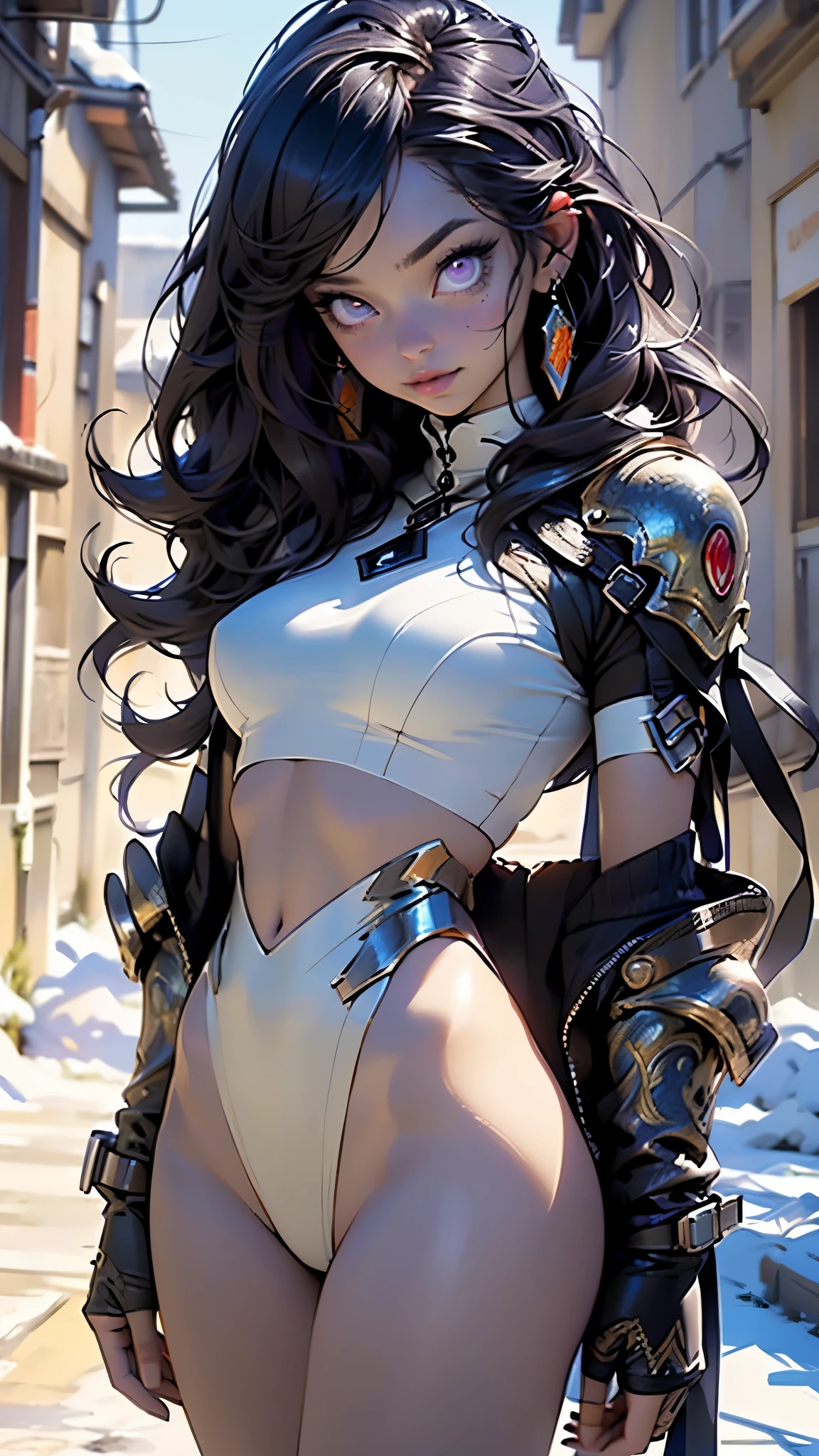 winter girl,(1girl),((cute and beautiful black haired girl)),

(large breasts:1.4),saggy breasts,(((black wavy hair:1.35,absurdly long unkempt hair,messy hair,colored inner hair,ear breathing))),(((purple_eyes:1.3))),intricate eyes,beautiful detailed eyes,symmetrical eyes,((fat)),(((lustrous skin:1.5,bright skin: 1.5,skin tanned,shiny skin,very shiny skin,shiny body,plastic glitter skin,exaggerated shiny skin,illuminated skin))),(spider lower abdomen,narrow waist,wide hip,athletic body,inflated legs, thick thighs,detailed body,(detailed face)),

cute,slutty,erotic,((nsfw)),

zettai ryouiki,revealing clothing,show skin,(wearing a mechanical winter body armor:1.3,winter micro armor bikini,bare legs),with winter micro clothes,almost totally naked,with little winter clothing,tiny winter thong,generous neckline,(((intricate outfit,intricate clothes))),

dynamic pose:1.0,embarrassed,(centered,scale to fit dimensions,Rule of thirds),

outdoors,(winter palace,winter palace background,pyramids in the background),scenery,extremely scenery,clouds,winter style,winter castle,(sunset, golden hour),

(Glossy winter ornaments),highres,sharp focus,(ultra detailed,extremely detailed),(photorealistic artwork:1.37),(extremely detailed CG unity 8k wallpaper),(((vibrant colors,vibrant theme))),(intricate),(masterpiece),(best quality),artistic photography,(photography taken by sldr),(intricate background),perfect rendered face,perfect face details,realistic face,photo realistic,((intricate detail)),(((realism))),
