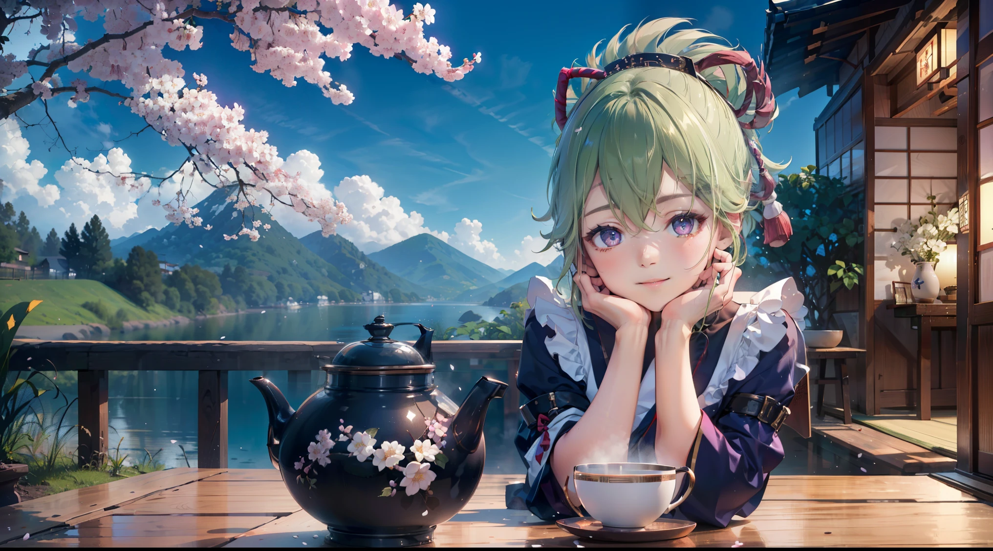 (highest quality,8K,High resolution,masterpiece:1.2),(realistic,photorealistic,photo-realistic:1.37), With purple eyes, Classic maid outfit, traditional japanese bakery,detailed and beautiful eyes,happiness,shining eyes,smile,peaceful atmosphere,Traditional Japanese Clothing,work(highest quality,full,advertisement:1.2),Bright and warm,Sweet and sleepy,complete happiness,明るいsmile,cherry blossoms,quiet,Aromatic fragrance,dream-like,Bright colors,subtle lighting,traditional japanese tea set,lively atmosphere