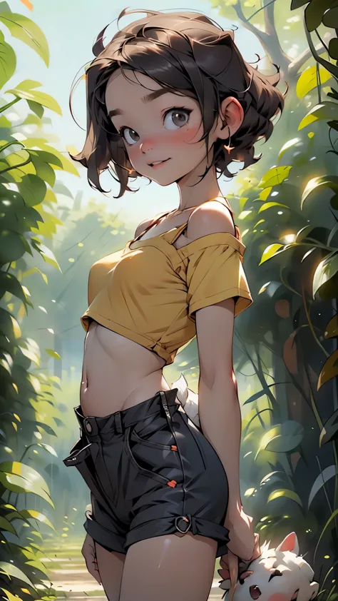 masterpiece, sunlight, mature dog girl, tail, medium breast, hot outside, farming, happy, exited, overalls, t-shirt, fruits, ,(n...