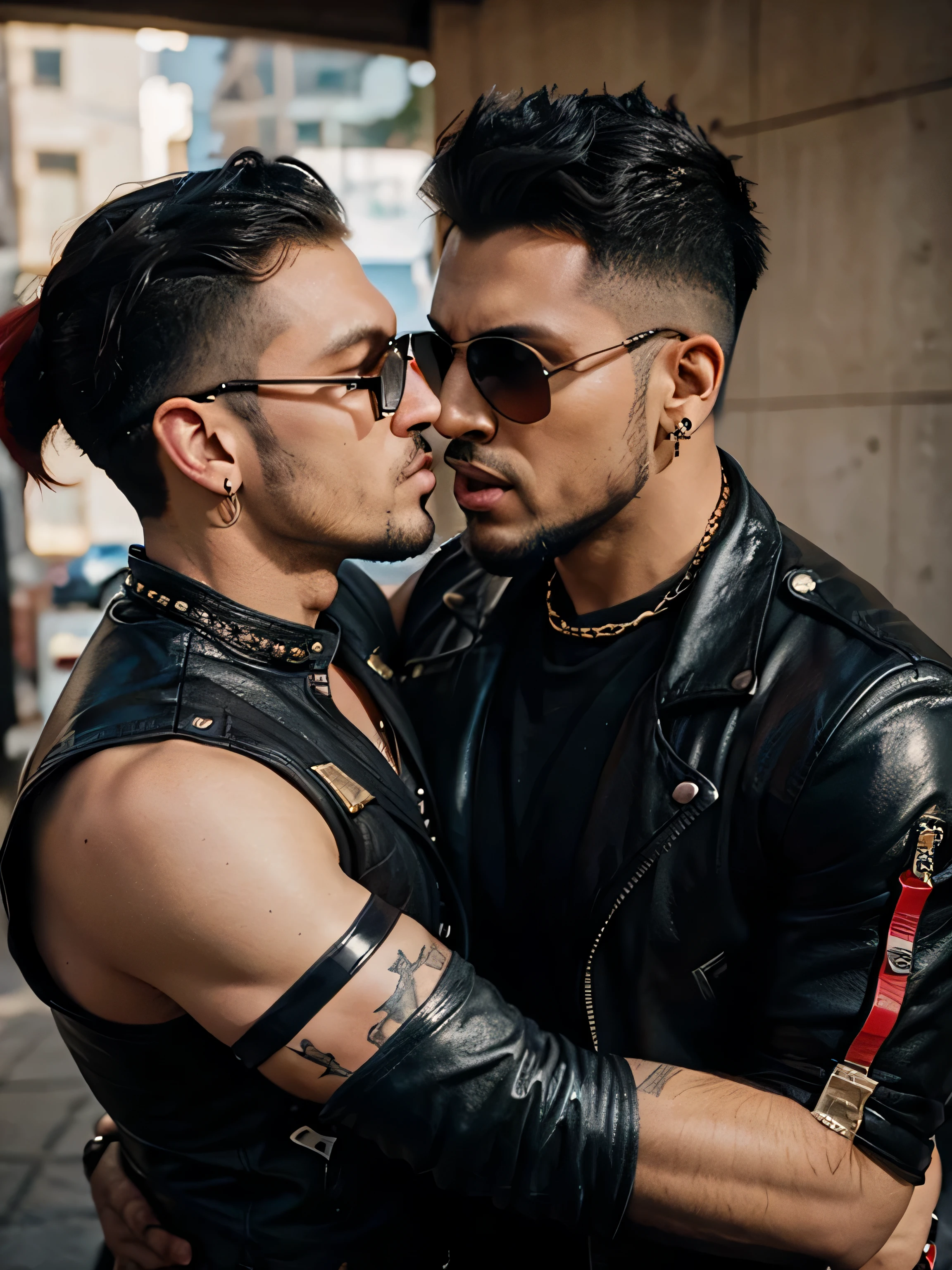 There are two men in leather jackets embracing each other - SeaArt AI