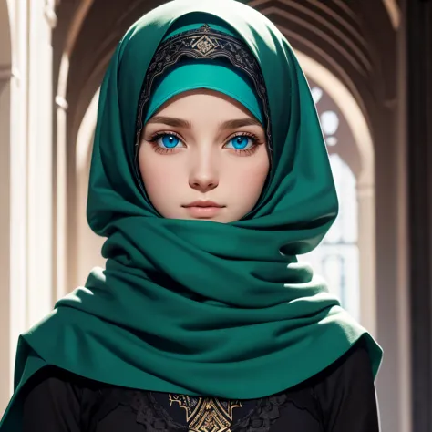 A white German Muslim girl with blue eyes and a dark green hijab