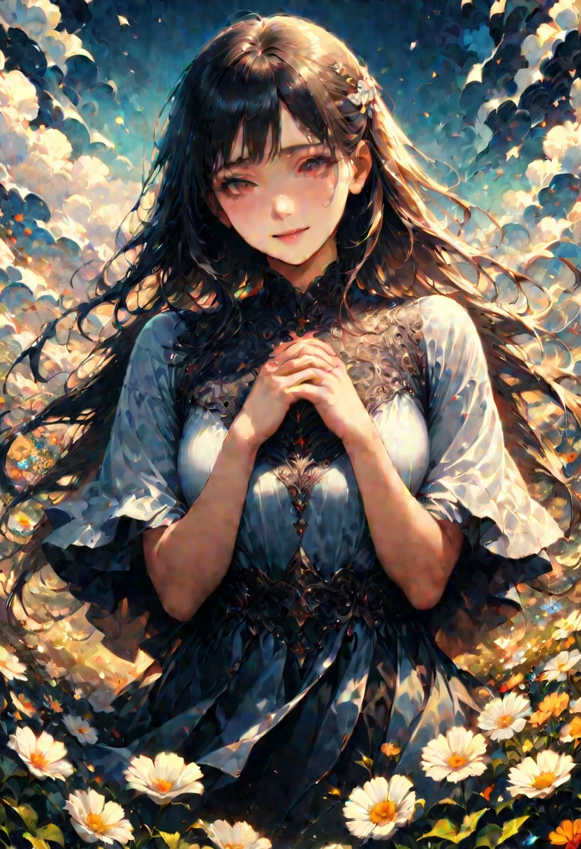 girl, surrounded by a dreamy and otherworldly atmosphere, hands brought together over heart, hair wrapping in the wind, long hair, happiness, pure, realistic, detailed background, (masterpiece, best quality, perfect composition, very aesthetic, absurdres, ultra-detailed, intricate details, Professional, official art, Representative work:1.3), (Animagine:0.01)