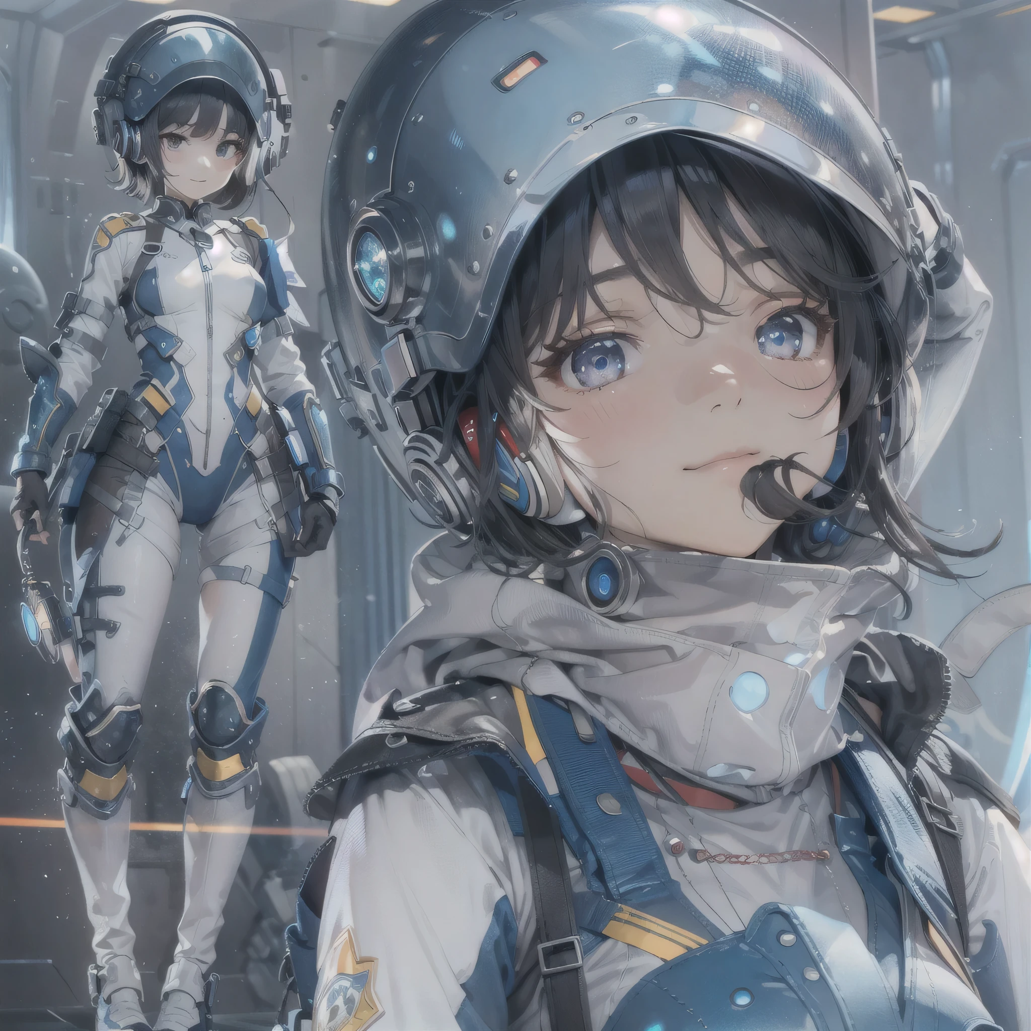 Anime girl in space suit with helmet and goggles standing in front of a