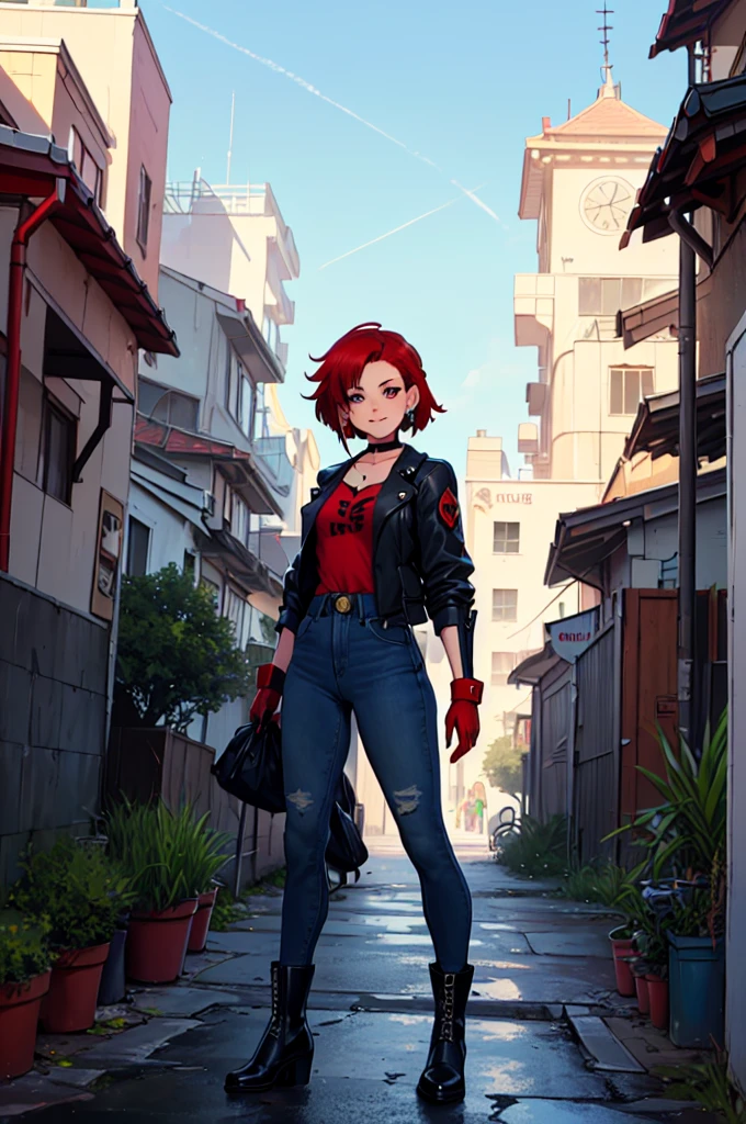 a eles são girl in the art style of persona5 and in the art style of street of rage 4, delinquent, (eles são), maduro female, corar, maduro, mulher mais velha, 2, eles são teacher outfit, ((((1 garota, Sozinho female, Sozinho, Sozinho focus:1,9)))++++, gargantilha, eles são teacher, eles são Lutarer, mangas compridas, open jaqueta, blue jaqueta,( jeans)+++, pele clara feminina, (corpo todo)+++++, jaqueta, biker jaqueta, tape, apoio de braço, luvas, red luvas, manoplas de noiva, esmalte, botas, calçado preto, Lutarer outfit, (corpo todo)+++++++, Ampulheta, maduro face, sorriso malandro, cara atrevida, rugas, (((((cabelo vermelho, cabelo curto, Brincos, piercings nas orelhas)))), olho vermelho, Lutaring art, Artes marciais, de pé, Lutaring stance, Lutar, Lutaring), cores extras, 2D, Megapixels, perfeccionismo, Iluminação de destaque, Full HD , (obra de arte:1.2), (tiro de corpo inteiro:1),(tiro de vaqueiro:1.2), (Altamente detalhado:1.2),(rosto detalhado de anime:1.2), colorida, Um olho detalhado, (paisagem detalhada:1.2), (iluminação natural:1.2), ((eles são school teacher)) por Vincent Di Fate: Ajuda, Tiro Anamórfico, regra dos terços, rosto por Artgerm e WLOP, ((rua da raiva 4 cenário da cidade)), cenário de cidade fictícia no estilo artístico de Street of Rage 4, estilo anime Gainax, estúdio ganhoax art, estúdio ganhoax illustration, inspired por Masamune Shirow, estúdio ganhoax, por Masamune Shirow, lindo personagem de evangelion, rua da raiva 4 arte, ilustração de rua da raiva 4,