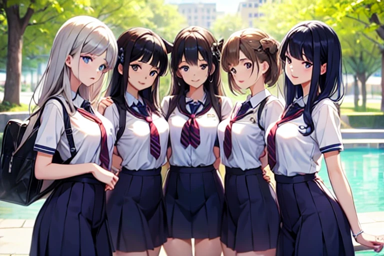 4girls,quartet,squad,cowboyshot,pov,beautiful detailed eyes, detailed lips, long eyelashes, bright and vibrant colors, natural lighting,(best quality, 4k, highres), ultra-detailed, soft and smooth texture, no distractions, dreamlike sensation, slight bokeh effect,highlighting her figure,deformed and independented breasts,schooluniform,side by side,Different posing,surrounded by girls,(small breasts:1.5)