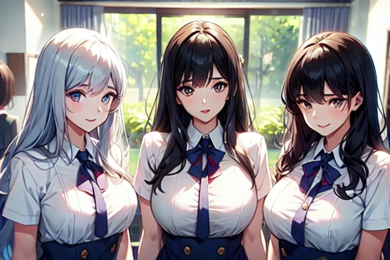 4girls,quartet,squad,cowboyshot,pov,beautiful detailed eyes, detailed lips, long eyelashes, bright and vibrant colors, natural lighting,(best quality, 4k, highres), ultra-detailed, soft and smooth texture, no distractions, dreamlike sensation, slight bokeh effect,highlighting her figure,deformed and independented breasts,schooluniform,side by side,Different posing,surrounded by girls,(small breasts:1.5)