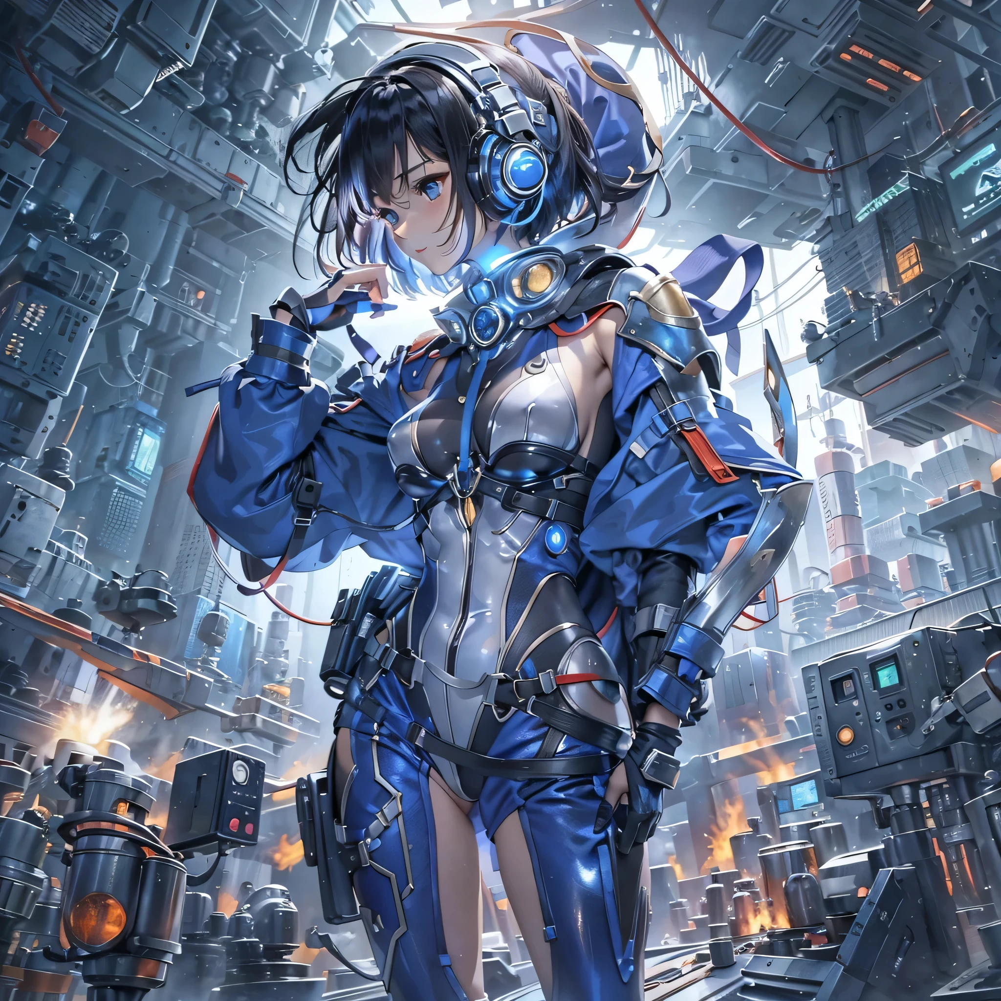 (masterpiece、highest quality、highest resolution、clear_image、detailed details、Angle from above): (full body figure、One 20 year old girl、Japanese faces、small face、Slender、Navy blue super short bob cut hair、(hidden small breasts:1.3)、sparkling blue eyes、Shiny pilot suit in blue and black colors、armor that protects the chest、tight fitting clothes、clothes that cover the whole body、shiny clothes、tight fit pants、hide the skin、very delicate and beautiful、detailed skin、hide thighs、hide your butt、cute type、gentle smile、soft expression、heroine、headset、Knee-high boots、gloves up to the elbow、eye level shot、facing directly、woman on a spaceship)