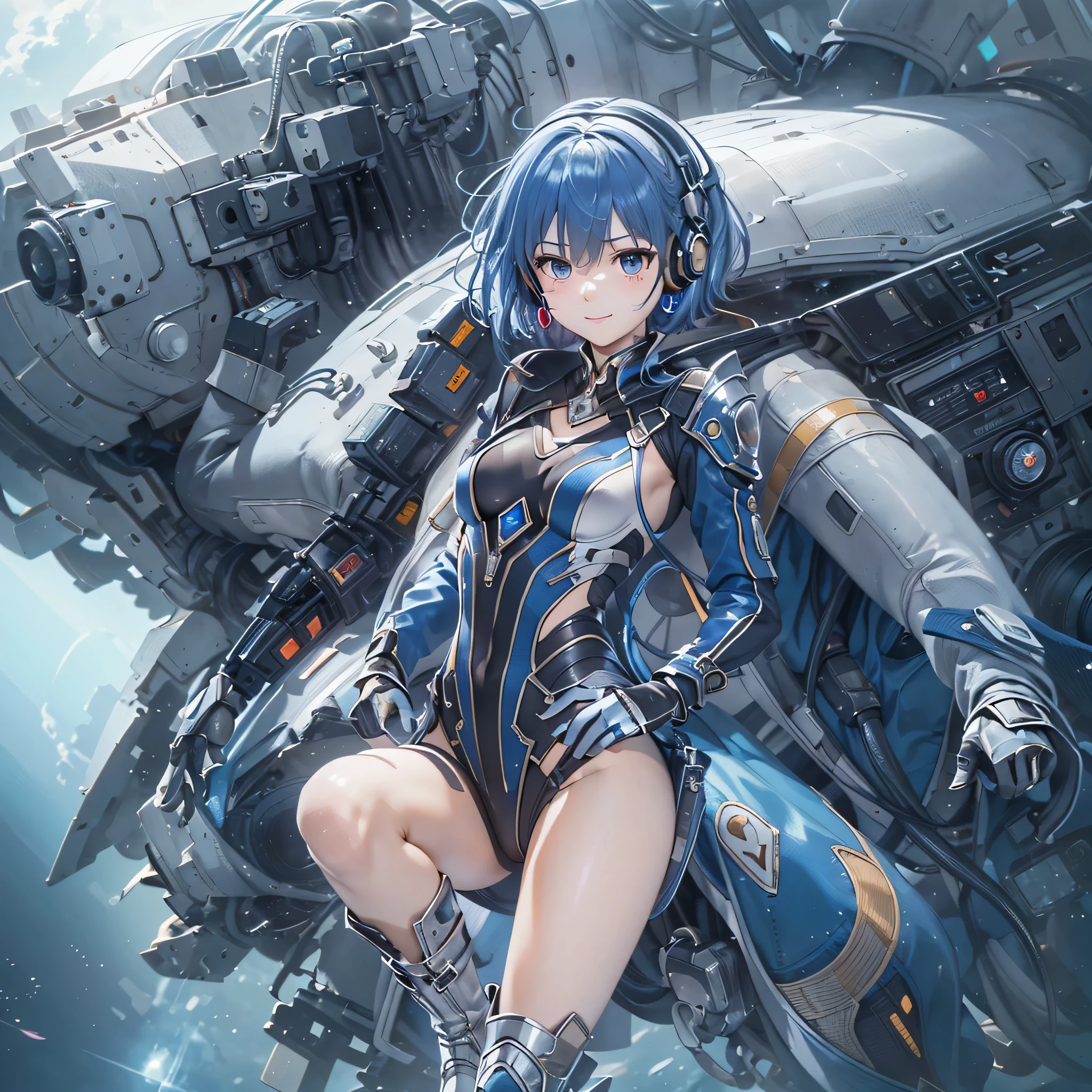 (masterpiece、highest quality、highest resolution、clear_image、detailed details、Angle from above): (full body figure、One 20 year old girl、Japanese faces、small face、Slender、Navy blue super short bob cut hair、(hidden small breasts:1.3)、sparkling blue eyes、Shiny pilot suit in blue and black colors、armor that protects the chest、tight fitting clothes、clothes that cover the whole body、shiny clothes、tight fit pants、hide the skin、very delicate and beautiful、detailed skin、hide thighs、hide your butt、cute type、gentle smile、soft expression、heroine、headset、Knee-high boots、gloves up to the elbow、eye level shot、facing directly、woman on a spaceship)