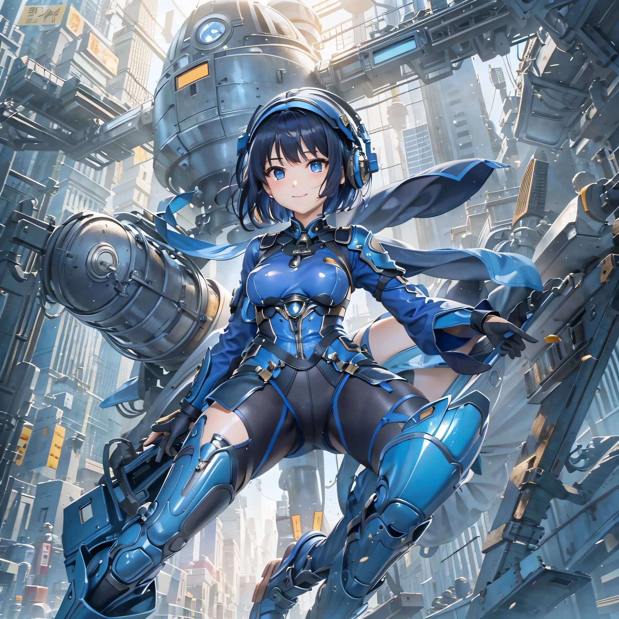 (masterpiece、highest quality、highest resolution、clear_image、detailed details、Angle from above): (full body figure、One 20 year old girl、Japanese faces、small face、Slender、Navy blue super short bob cut hair、(hidden small breasts:1.3)、sparkling blue eyes、Shiny pilot suit in blue and black colors、armor that protects the chest、tight fitting clothes、clothes that cover the whole body、shiny clothes、tight fit pants、hide the skin、very delicate and beautiful、detailed skin、hide thighs、hide your butt、cute type、gentle smile、soft expression、heroine、headset、Knee-high boots、gloves up to the elbow、eye level shot、facing directly、woman on a spaceship)