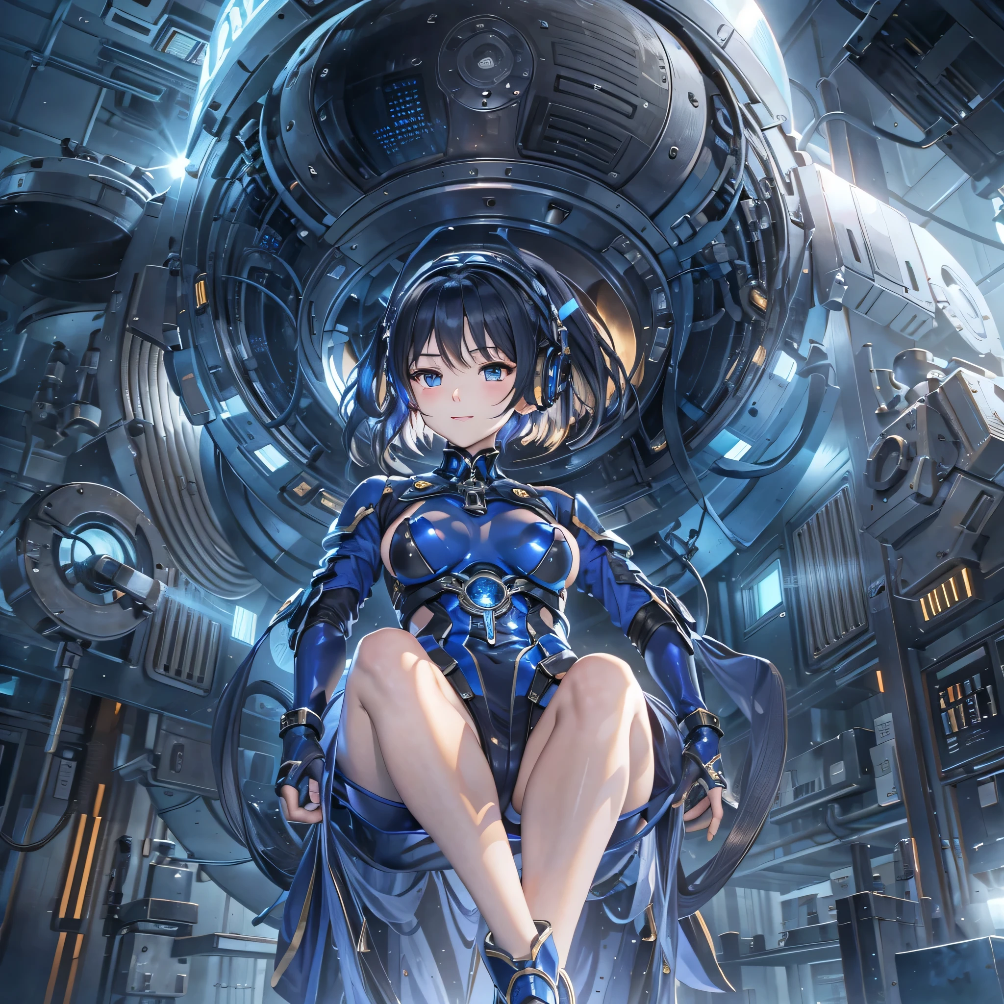 (masterpiece、highest quality、highest resolution、clear_image、detailed details、Angle from above): (full body figure、One 20 year old girl、Japanese faces、small face、Slender、Navy blue super short bob cut hair、(hidden small breasts:1.3)、sparkling blue eyes、Shiny pilot suit in blue and black colors、armor that protects the chest、tight fitting clothes、clothes that cover the whole body、shiny clothes、tight fit pants、hide the skin、very delicate and beautiful、detailed skin、hide thighs、hide your butt、cute type、gentle smile、soft expression、heroine、headset、Knee-high boots、gloves up to the elbow、eye level shot、facing directly、woman on a spaceship)