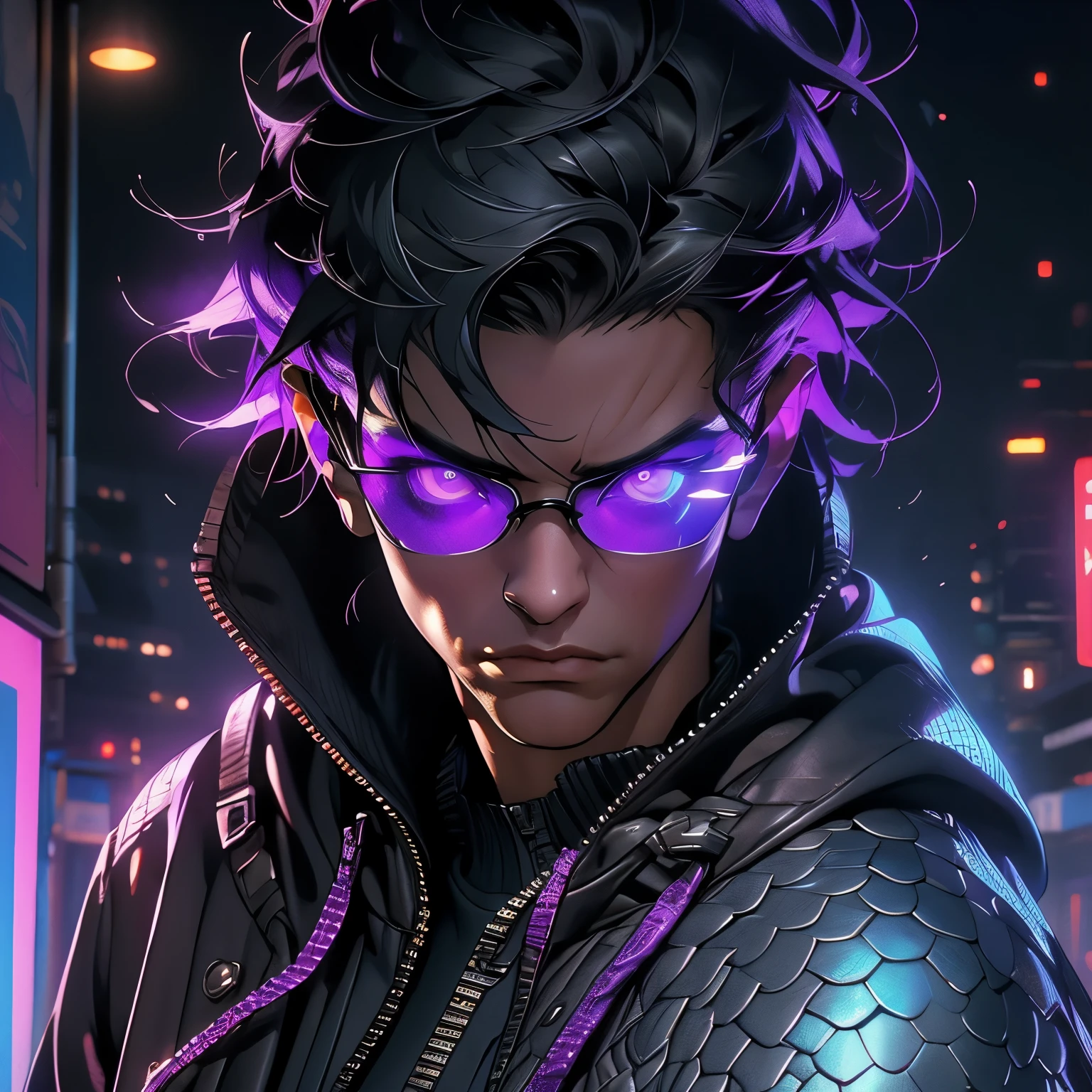 Young Male, Assassin, Hood, White Coat, White Shirt, Cyberpunk, Handsome, Dark Skin, ((Scales)), Scales on Face, Black Hair, ((Shorthair)), Purple Eyes, Ray Band Shades, Menacing, Slim, 3D, Cinematic Lights, Vibrant Colors, Realistic, Tokyo City, Very Detailed, HD, 8K, Masterpiece, HDR