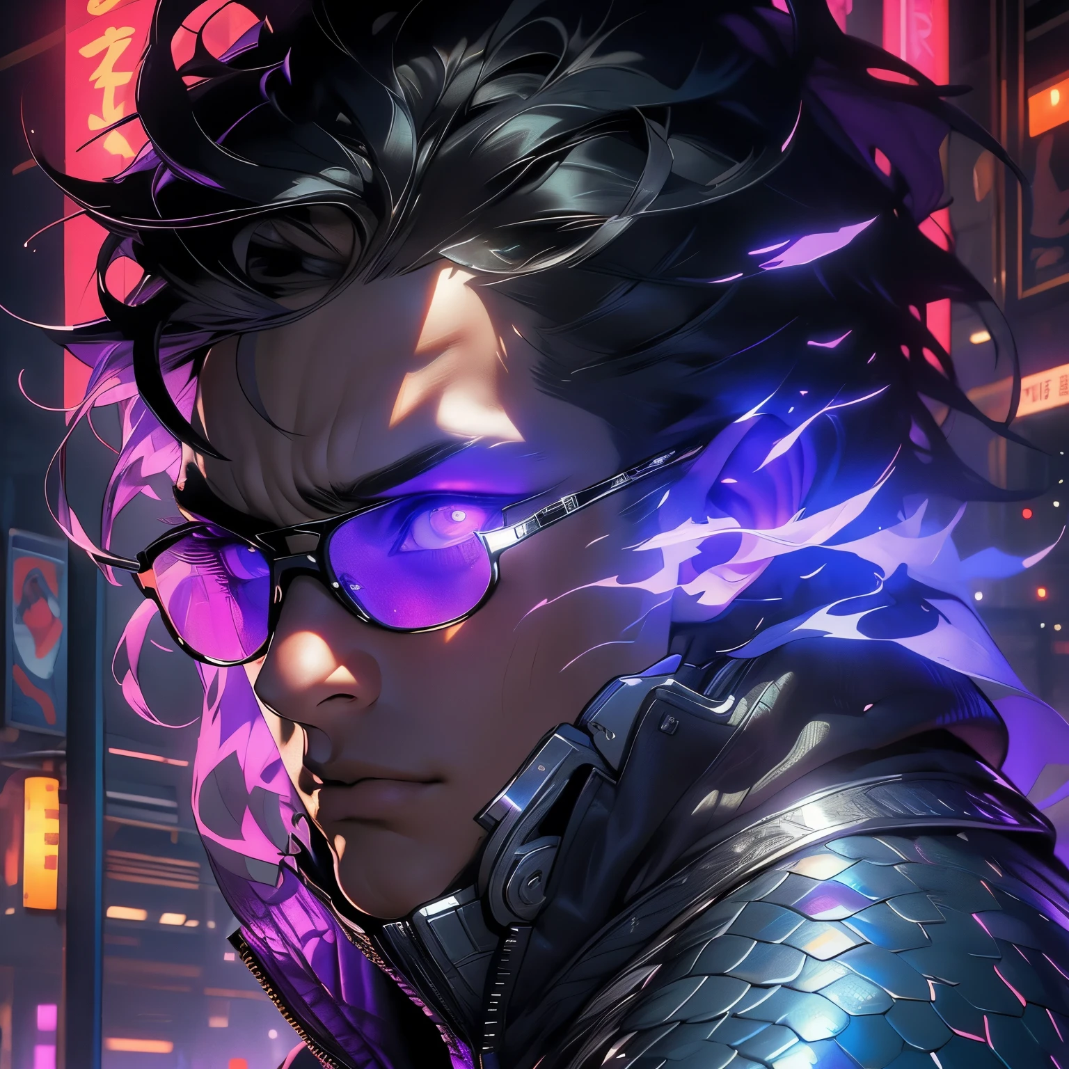 Young Male, Assassin, Hood, White Coat, White Shirt, Cyberpunk, Handsome, Dark Skin, ((Scales)), Scales on Face, Black Hair, ((Shorthair)), Purple Eyes, Ray Band Shades, Menacing, Slim, 3D, Cinematic Lights, Vibrant Colors, Realistic, Tokyo City, Very Detailed, HD, 8K, Masterpiece, HDR