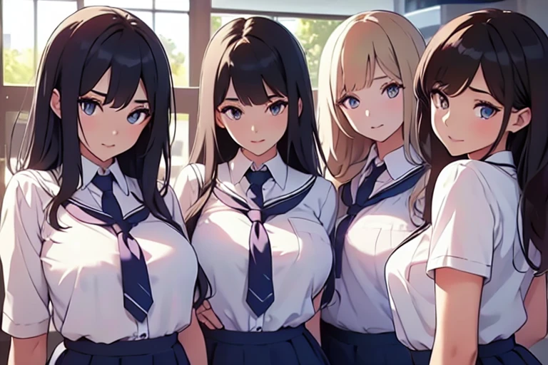 4人の女の子,カルテット,分隊,カウボーイショット,投げる,美しい細部までこだわった目, 詳細な唇, 長いまつ毛, 明るく鮮やかな色, 自然光,(最高品質, 4k, 高解像度), 非常に詳細な, 柔らかく滑らかな質感, 邪魔するものがない, 夢のような感覚, わずかなボケ効果,彼女の姿を強調する,変形した乳房と独立した乳房,学生服,並んで,異なるポーズ,女の子に囲まれて,(小さい胸:1.5)