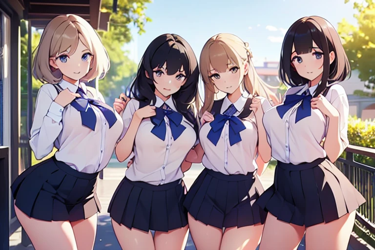 4girls,quartet,squad,cowboyshot,pov,beautiful detailed eyes, detailed lips, long eyelashes, bright and vibrant colors, natural lighting,(best quality, 4k, highres), ultra-detailed, soft and smooth texture, no distractions, dreamlike sensation, slight bokeh effect,highlighting her figure,deformed and independented breasts,schooluniform,side by side,Different posing,surrounded by girls,(small breasts:1.5)