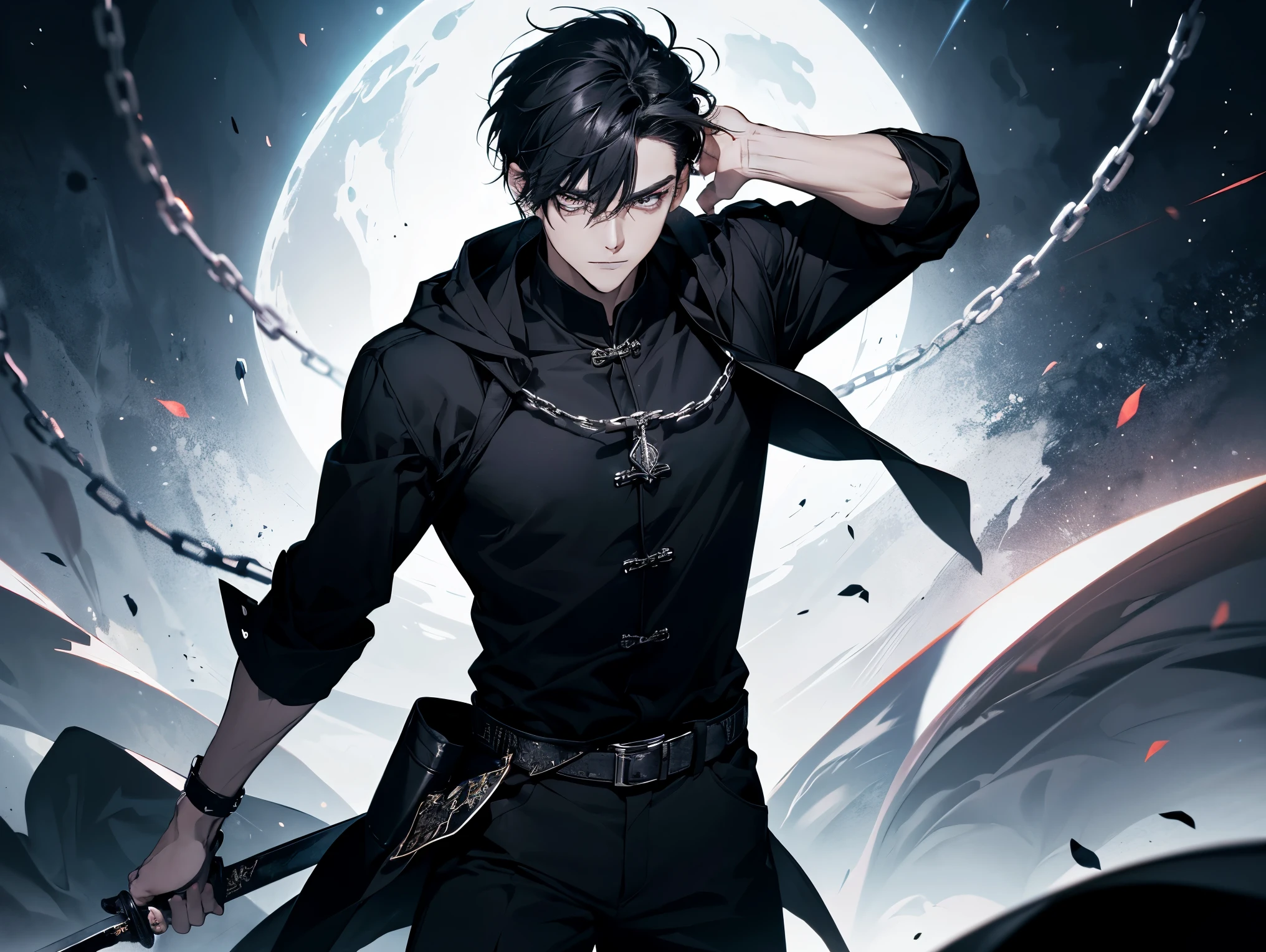 1 male, teacher, wearing black shirt, rolled up sleeves, black long pants, black hair, short hair, face to detail, detailed eyes, dark grey eyes, hood, the background is space in china. In a fighting position. Silver chains everywhere. Holding a sword standing.