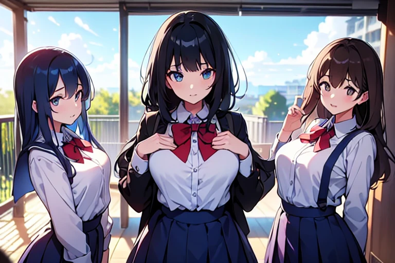 4girls,quartet,squad,cowboyshot,pov,beautiful detailed eyes, detailed lips, long eyelashes, bright and vibrant colors, natural lighting,(best quality, 4k, highres), ultra-detailed, soft and smooth texture, no distractions, dreamlike sensation, slight bokeh effect,highlighting her figure,deformed and independented breasts,schooluniform,side by side,Different posing,surrounded by girls,(small breasts:1.2)