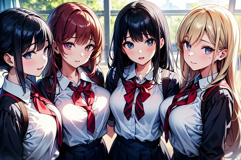 4girls,quartet,squad,cowboyshot,pov,beautiful detailed eyes, detailed lips, long eyelashes, bright and vibrant colors, natural lighting,(best quality, 4k, highres), ultra-detailed, soft and smooth texture, no distractions, dreamlike sensation, slight bokeh effect,highlighting her figure,deformed and independented breasts,schooluniform,side by side,Different posing,surrounded by girls,(small breasts:1.2)