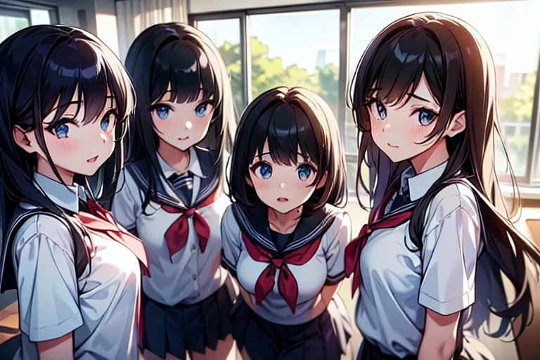 4girls,quartet,squad,cowboyshot,pov,beautiful detailed eyes, detailed lips, long eyelashes, bright and vibrant colors, natural lighting,(best quality, 4k, highres), ultra-detailed, soft and smooth texture, no distractions, dreamlike sensation, slight bokeh effect,highlighting her figure,deformed and independented breasts,schooluniform,side by side,Different posing,surrounded by girls,(small breasts:1.2)