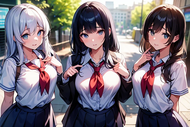 4girls,quartet,squad,cowboyshot,pov,beautiful detailed eyes, detailed lips, long eyelashes, bright and vibrant colors, natural lighting,(best quality, 4k, highres), ultra-detailed, soft and smooth texture, no distractions, dreamlike sensation, slight bokeh effect,highlighting her figure,deformed and independented breasts,schooluniform,side by side,Different posing,surrounded by girls,(small breasts:1.2)