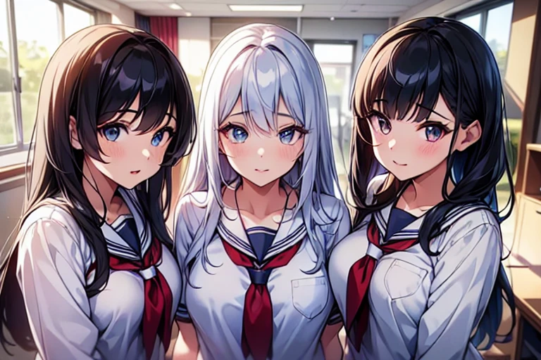 4girls,quartet,squad,cowboyshot,pov,beautiful detailed eyes, detailed lips, long eyelashes, bright and vibrant colors, natural lighting,(best quality, 4k, highres), ultra-detailed, soft and smooth texture, no distractions, dreamlike sensation, slight bokeh effect,highlighting her figure,deformed and independented breasts,schooluniform,side by side,Different posing,surrounded by girls,(small breasts:1.2)