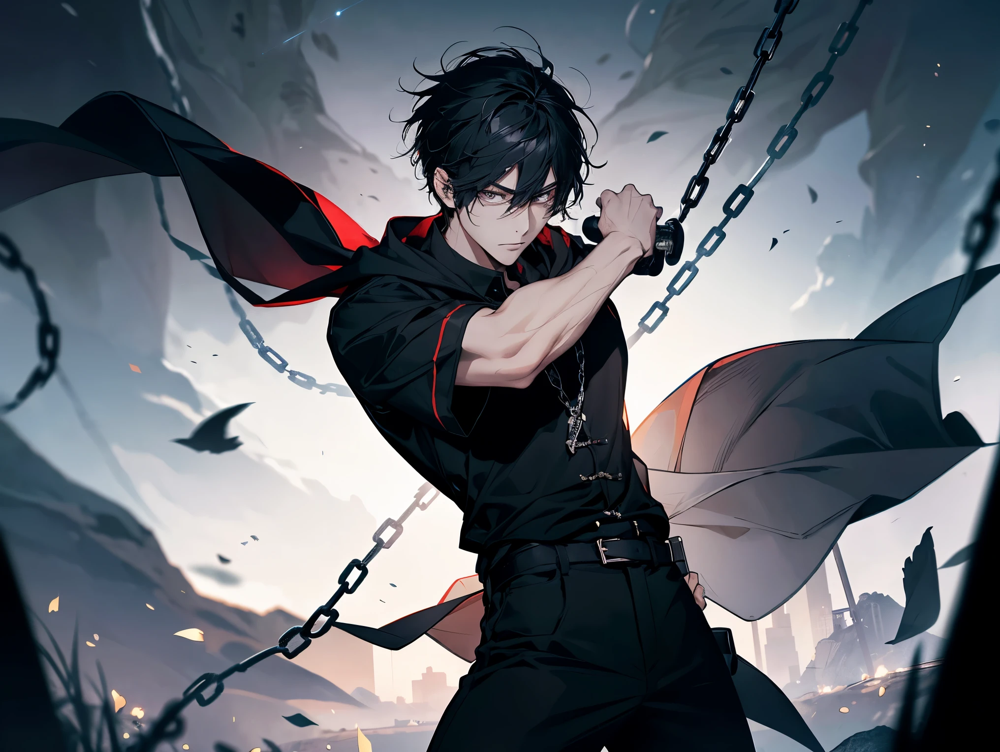 1 male, teacher, wearing black shirt, rolled up sleeves, black long pants, black hair, short hair, face to detail, detailed eyes, dark grey eyes, hood, the background is space in china. In a fighting position. Silver chains everywhere. Holding a sword standing.