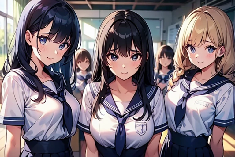 4girls,quartet,squad,cowboyshot,pov,beautiful detailed eyes, detailed lips, long eyelashes, bright and vibrant colors, natural lighting,(best quality, 4k, highres), ultra-detailed, soft and smooth texture, no distractions, dreamlike sensation, slight bokeh effect,highlighting her figure,deformed and independented breasts,schooluniform,side by side,Different posing,surrounded by girls,(small breasts:1.2)