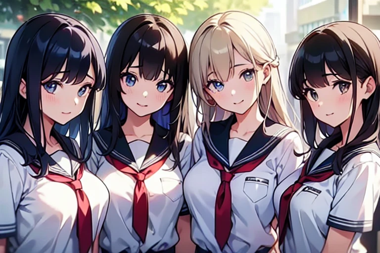 4girls,quartet,squad,cowboyshot,pov,beautiful detailed eyes, detailed lips, long eyelashes, bright and vibrant colors, natural lighting,(best quality, 4k, highres), ultra-detailed, soft and smooth texture, no distractions, dreamlike sensation, slight bokeh effect,highlighting her figure,deformed and independented breasts,schooluniform,side by side,Different posing,surrounded by girls,(small breasts:1.2)