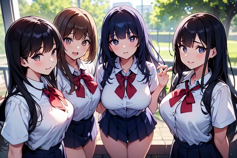 4girls,quartet,squad,cowboyshot,pov,beautiful detailed eyes, detailed lips, long eyelashes, bright and vibrant colors, natural lighting,(best quality, 4k, highres), ultra-detailed, soft and smooth texture, no distractions, dreamlike sensation, slight bokeh effect,highlighting her figure,deformed and independented breasts,schooluniform,side by side,Different posing,surrounded by girls,(small breasts:1.2)