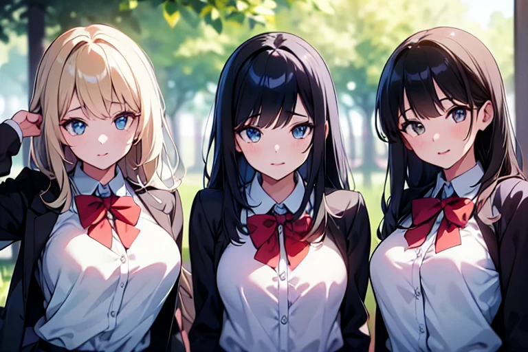 4girls,quartet,squad,cowboyshot,pov,beautiful detailed eyes, detailed lips, long eyelashes, bright and vibrant colors, natural lighting,(best quality, 4k, highres), ultra-detailed, soft and smooth texture, no distractions, dreamlike sensation, slight bokeh effect,highlighting her figure,deformed and independented breasts,schooluniform,side by side,Different posing,surrounded by girls,(small breasts:1.2)