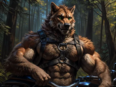 Werewolf, black fur, orange fur, bitone, white chest fur, black beard, green eyes, realistic eyes, posted on e621, furry body, a...
