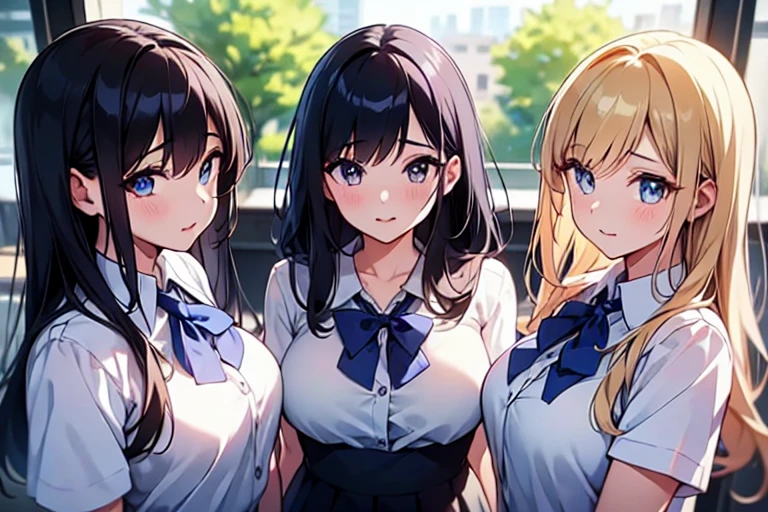 4girls,quartet,squad,cowboyshot,pov,beautiful detailed eyes, detailed lips, long eyelashes, bright and vibrant colors, natural lighting,(best quality, 4k, highres), ultra-detailed, soft and smooth texture, no distractions, dreamlike sensation, slight bokeh effect,highlighting her figure,deformed and independented breasts,schooluniform,side by side,Different posing,surrounded by girls,(small breasts:1.2)