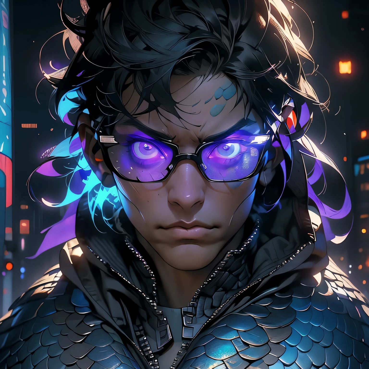 Young Male, Assassin, Hood, White Coat, White Shirt, Handsome, Dark Skin, ((Scales)), (((Scales Growing On Face))), Black Hair, ((Shorthair)), Purple Eyes, Ray Band Shades, Menacing, Slim, 3D, Cinematic Lights, Vibrant Colors, Realistic, Tokyo City, Very Detailed, HD, 8K, Masterpiece, HDR