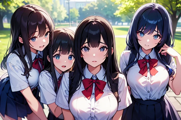 4girls,quartet,squad,cowboyshot,pov,beautiful detailed eyes, detailed lips, long eyelashes, bright and vibrant colors, natural lighting,(best quality, 4k, highres), ultra-detailed, soft and smooth texture, no distractions, dreamlike sensation, slight bokeh effect,highlighting her figure,deformed and independented breasts,schooluniform,side by side,Different posing,surrounded by girls,(small breasts:1.2),Attractive girls,longing