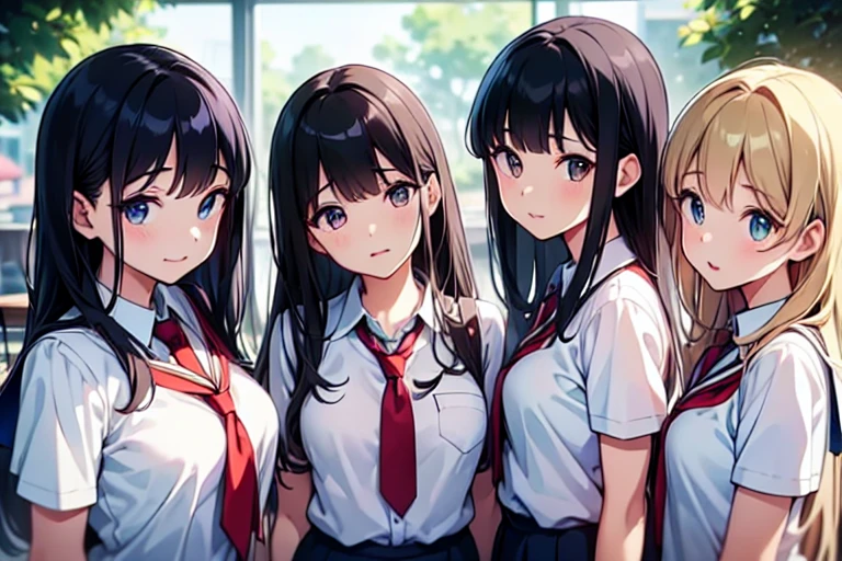 4girls,quartet,squad,cowboyshot,pov,beautiful detailed eyes, detailed lips, long eyelashes, bright and vibrant colors, natural lighting,(best quality, 4k, highres), ultra-detailed, soft and smooth texture, no distractions, dreamlike sensation, slight bokeh effect,highlighting her figure,deformed and independented breasts,schooluniform,side by side,Different posing,surrounded by girls,(small breasts:1.2),Attractive girls,longing